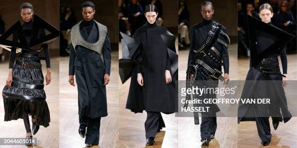 This combination of pictures created on March 02, 2024 shows models presenting creations by Junya Watanabe for the Women Ready-to-wear Fall-Winter...