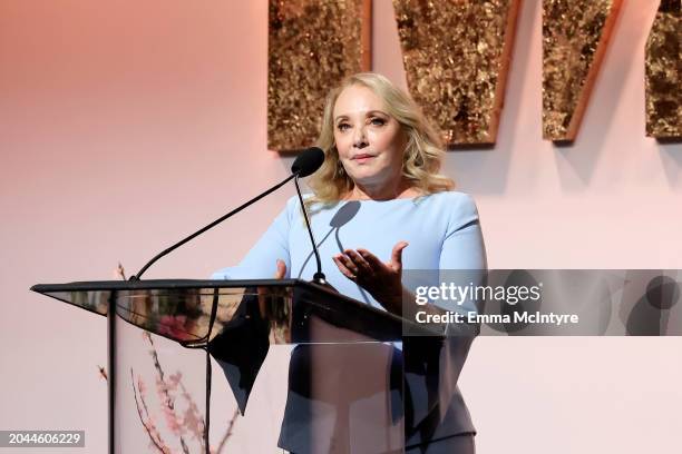 Honoree J. Smith-Cameron speaks onstage during the Honors Ceremony during The MAKERS Conference 2024 at The Beverly Hilton on February 27, 2024 in...