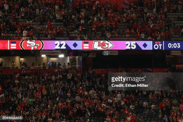 Scoreboard shows the 25-22 final score of the Kansas City Chiefs' overtime victory over the San Francisco 49ers in Super Bowl LVIII at Allegiant...