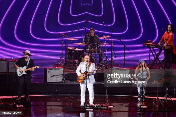 Jimmy Branly, Scheila Gonzalez, San Miguel Perez, Colin Hay and Cecilia Nöel of Men At Work perform during the 63rd edition of the Viña del Mar...