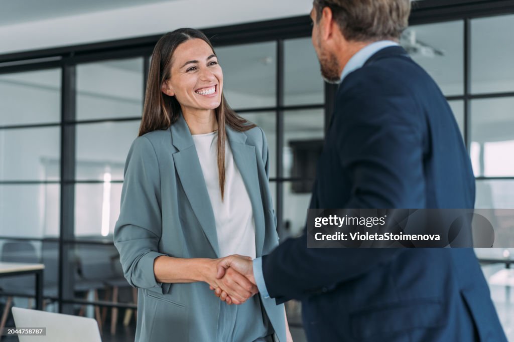 Business persons shaking hands across the table.