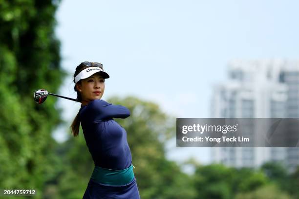 Muni He of China plays her second shot from the eighth fairway during a pro-am tournament prior to the HSBC Women's World Championship at Sentosa...