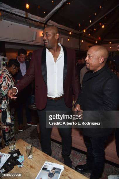 Daymond John and Metta Sandiford-Artest attend Daymond John's Rise Nation Mastermind Welcome Party at Harriet's Rooftop on February 27, 2024 in West...