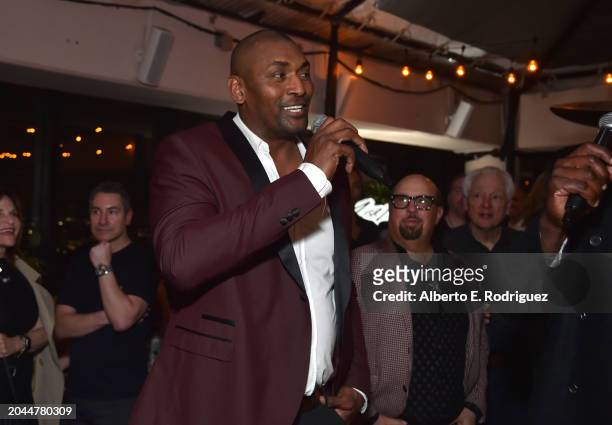Metta Sandiford-Artest attends Daymond John's Rise Nation Mastermind Welcome Party at Harriet's Rooftop on February 27, 2024 in West Hollywood,...