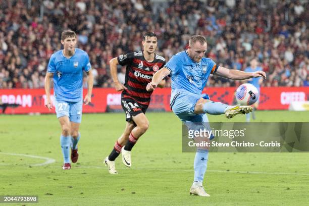 Rhyan Grant of Sydney FC clears the ball during the A-League Men round 19 match between Western Sydney Wanderers and Sydney FC at CommBank Stadium,...