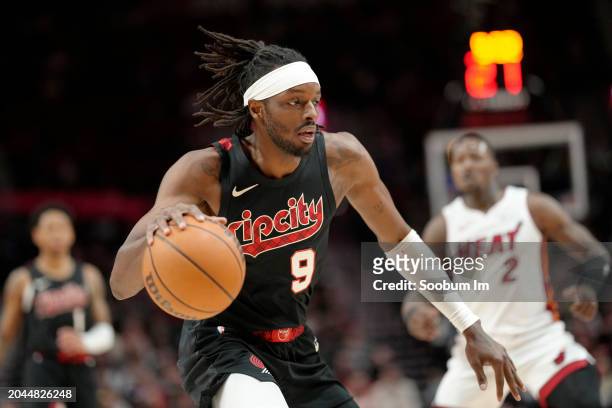 Jerami Grant of the Portland Trail Blazers controls the ball during the first half against the Miami Heat at Moda Center on February 27, 2024 in...