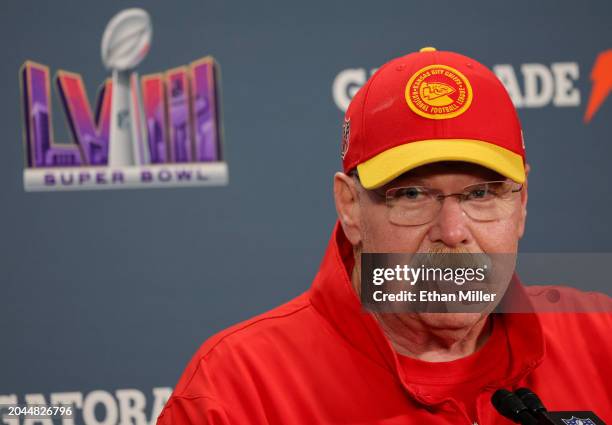 Head coach Andy Reid of the Kansas City Chiefs speaks with the media after the Chiefs defeated the San Francisco 49ers 25-22 in overtime of Super...