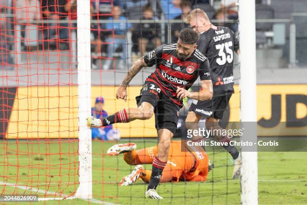 Brandon Borrello of the Wanderers kicks the post during the A-League Men round 19 match between Western Sydney Wanderers and Sydney FC at CommBank...