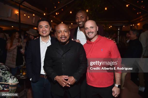 Alex Tsai, Daymond John, Metta Sandiford-Artest and Justin McClure attend Daymond John's Rise Nation Mastermind Welcome Party at Harriet's Rooftop on...