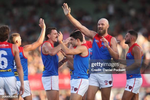 Max Gawn of the Demons celebrates kicking a goal during the 2024 AFL Community Series match between Carlton Blues and Melbourne Demons at Ikon Park...