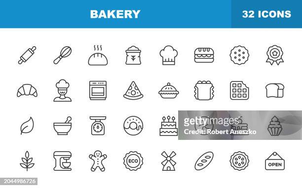 bakery line icons. editable stroke. contains such icons as food, restaurant, pizza, cake, bread, hamburger, sandwich, pancake, doughnut, apple pie, biscuit, dessert. - croissant stock illustrations