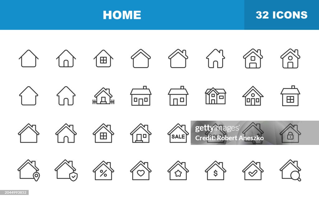 Home Line Icons. Editable Stroke. Contains such icons as House, Real Estate, Family, Real Estate Agent, Investment, Residential Building, City, Apartment, Building, Architecture.