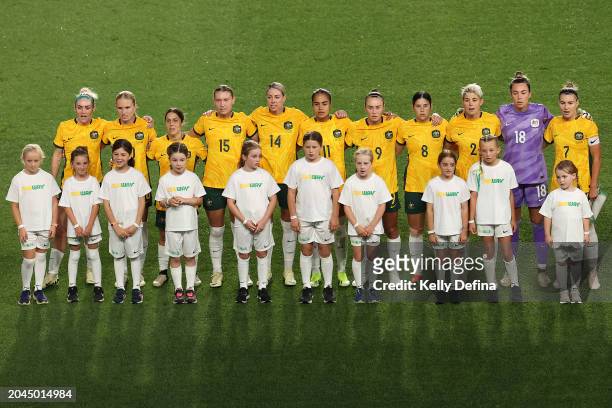 Australia is seen during the national anthem during the AFC Women's Olympic Football Tournament Paris 2024 Asian Qualifier Round 3 match between...