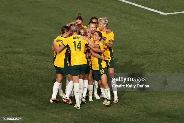 Matildas celebrate the 1st goal of the match during the AFC Women's Olympic Football Tournament Paris 2024 Asian Qualifier Round 3 match between...