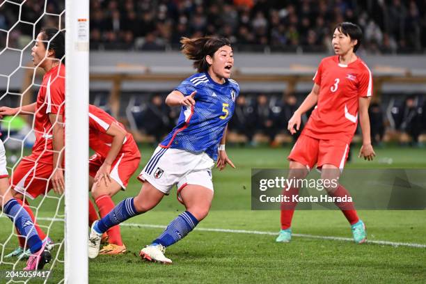 Hana Takahashi of Japan celebrates after scoring the team's first goal during the Women's Football Paris Olympic Asian Final Qualifier second leg...