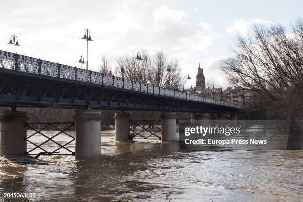 View of the overflowing Ebro river, on 28 February, 2024 in Logroño, La Rioja, Spain. Early today the Ebro has exceeded four meters high in Logroño...