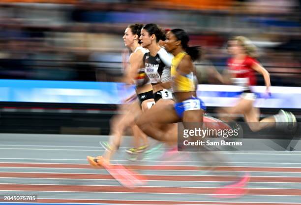 Scotland , United Kingdom - 2 March 2024; Zoe Hobbs of New Zealand, second from left, competes in the women's 60m heats during day two of the World...