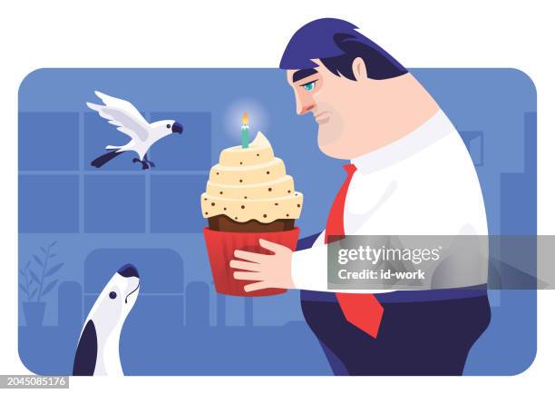 sad middle age businessman holding cupcake with pets - birthday candles stock illustrations