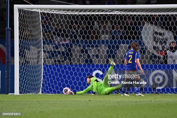 Ayaka Yamashita of Japan clears the ball on the goal line after Choe Kum Ok of North Korea shoots at goal during the Women's Football Paris Olympic...