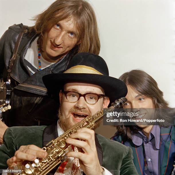 English rock group Thunderclap Newman posed backstage in London circa 1970. Members of the band are, from left, John Speedy Keen , Andy Newman and...