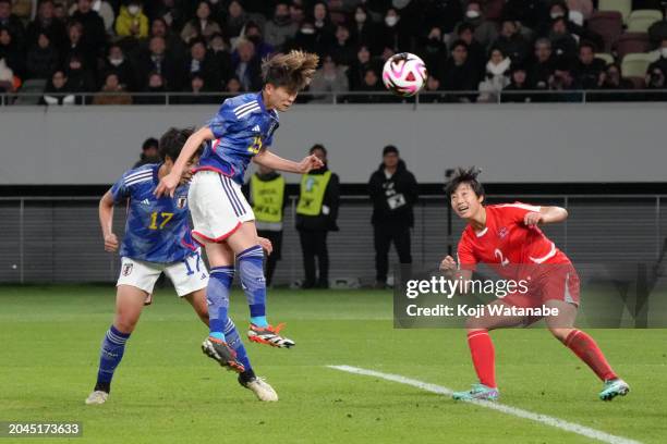 Aoba Fujino of Japan heads to score the team's second goal during the Women's Football Paris Olympic Asian Final Qualifier second leg between Japan...