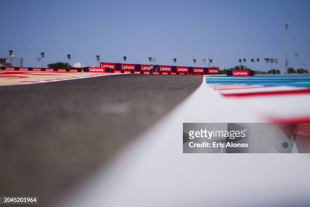 Detailed view of the kerbs on track2 during previews ahead of the F1 Grand Prix of Bahrain at Bahrain International Circuit on February 28, 2024 in...