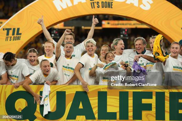 The Matildas celebrate after securing their qualification for the Paris 2024 Olympics after winning the AFC Women's Olympic Football Tournament Paris...