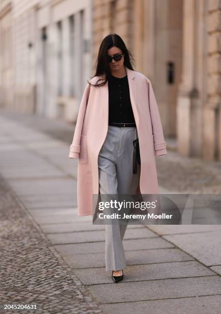 Leo Eberlin seen wearing Bottega Veneta black sunglasses, Allude x Leo Mathild cashmere wool knit buttoned body, Sezane light pink elegant wool coat,...