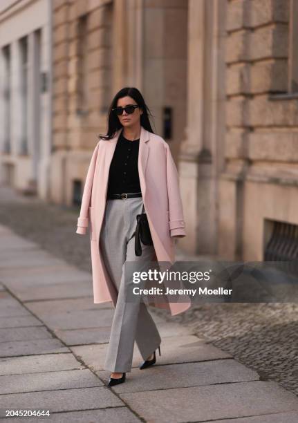 Leo Eberlin seen wearing Bottega Veneta black sunglasses, Allude x Leo Mathild cashmere wool knit buttoned body, Sezane light pink elegant wool coat,...