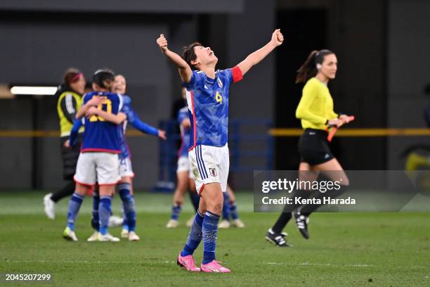 Saki Kumagai of Japan celebrates the team's qualification for the Paris Olympics following the 2-1 victory in the Women's Football Paris Olympic...