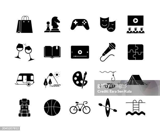 leisure activities solid icon set - queen-chess-piece-clip-art stock illustrations