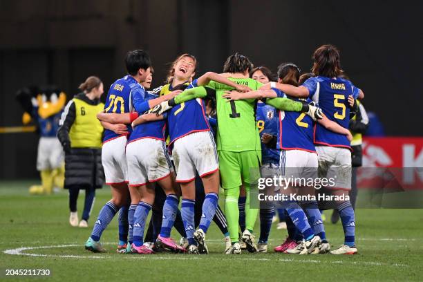 Japan players celebrate the qualification for the Paris Olympics following the 2-1 victory in the Women's Football Paris Olympic Asian Final...