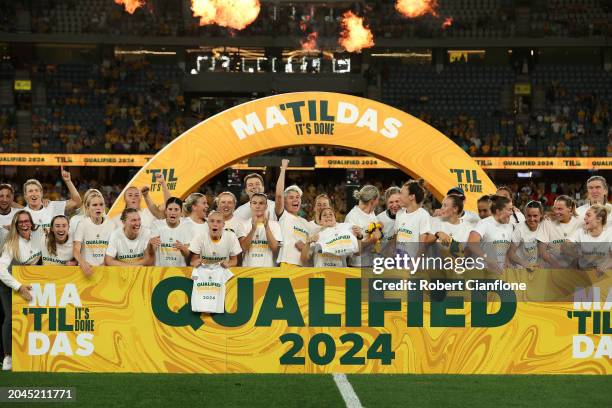 The Matildas celebrate after securing their qualification for the Paris 2024 Olympics after winning the AFC Women's Olympic Football Tournament Paris...