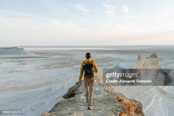 a man with a backpack walking along a mountain ridge in an arid sandy area - kazakhstan stock pictures, royalty-free photos & images