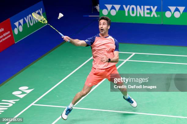 Pablo Abian of Spain controls the ball competes in the match between Rasmus Gemke of Denmark and Pablo Abian of Spain at the Badminton YONEX German...