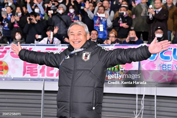 Japan Football Association Women's Committee Chair Norio Sasaki celebrates the qualification for the Paris Olympics following the 2-1 victory in the...