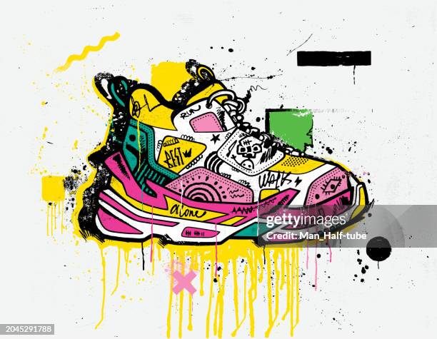 ilustraciones, imágenes clip art, dibujos animados e iconos de stock de zapatilla pop art - rap