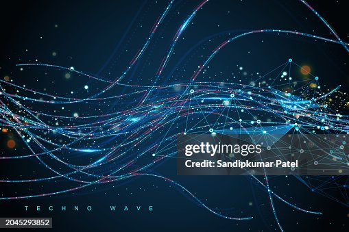 Smooth wave of smoke particles, big data techno background with glowing dots Smooth wave of smoke particles, big data techno background with glowing dots