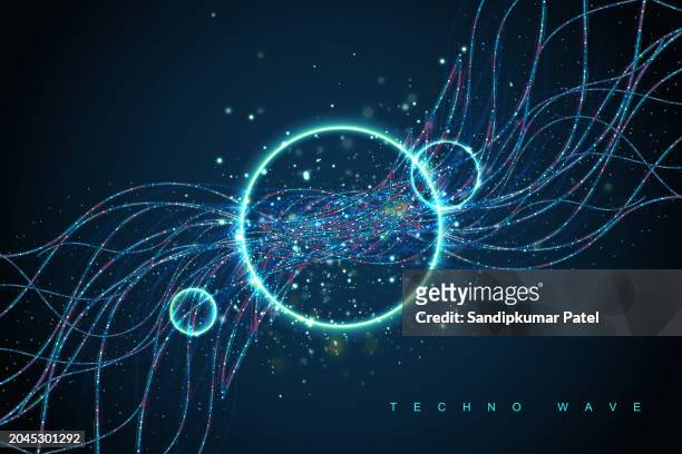 ilustrações de stock, clip art, desenhos animados e ícones de smooth wave of smoke particles, big data techno background with glowing dots - techno background