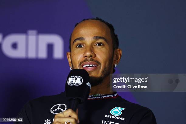 Lewis Hamilton of Great Britain and Mercedes attends the Drivers Press Conference during previews ahead of the F1 Grand Prix of Bahrain at Bahrain...