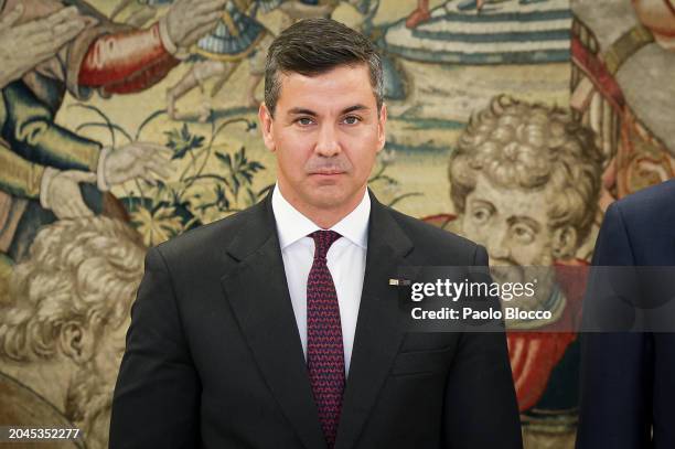 King Felipe VI of Spain receives the President of Paraguay Santiago Peña Palacios at Zarzuela Palace on February 28, 2024 in Madrid, Spain.