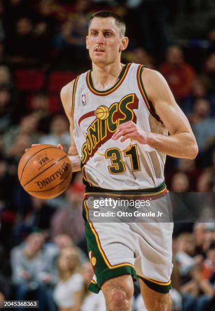 Brent Barry, Shooting Guard and Small Forward for the Seattle SuperSonics in motion dribbling the basketball down court during the NBA Pacific...