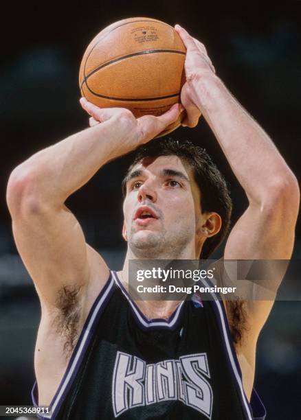 Peja Stojakovic from Serbia and Small Forward for the Sacramento Kings prepares to make a free throw shot during the NBA Atlantic Division basketball...