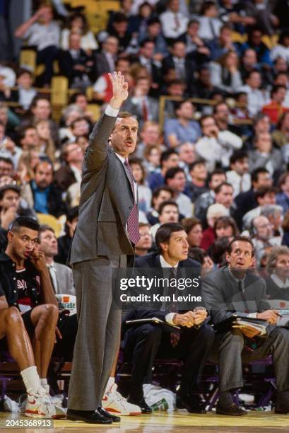 Rick Adelman, Head Coach for the Portland Trail Blazers gestures instructions from the sideline during the NBA Pacific Division basketball game...