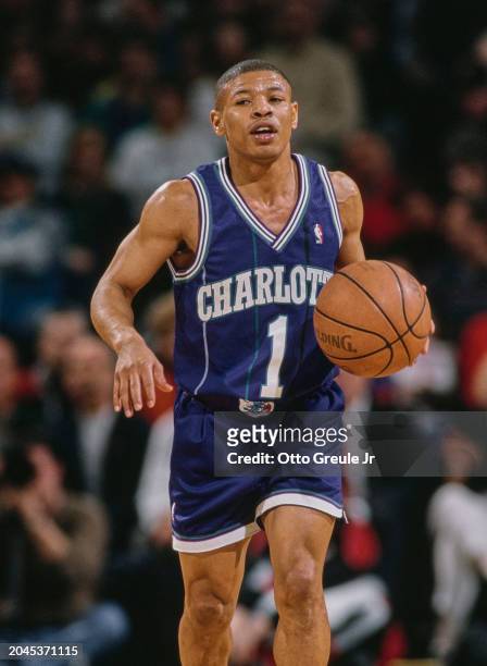 Muggsy Bogues, Point Guard for the Charlotte Hornets in motion dribbling the basketball down court during the NBA Pacific Division basketball game on...