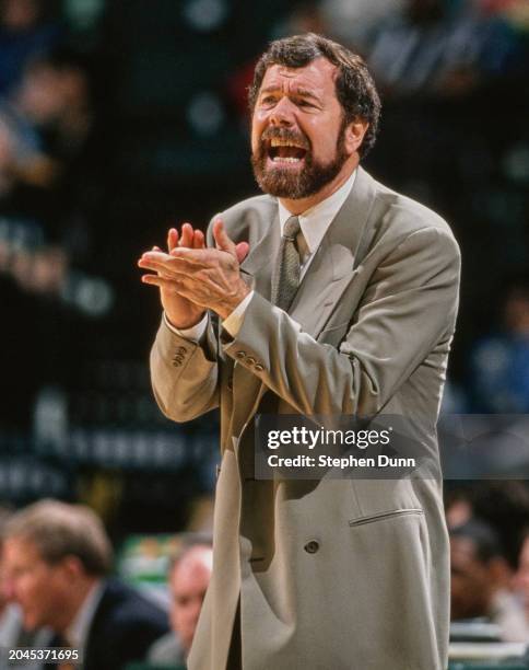 Carlesimo, Head Coach for the Portland Trail Blazers shouts out instructions to his players during the NBA Midwest Division basketball game against...