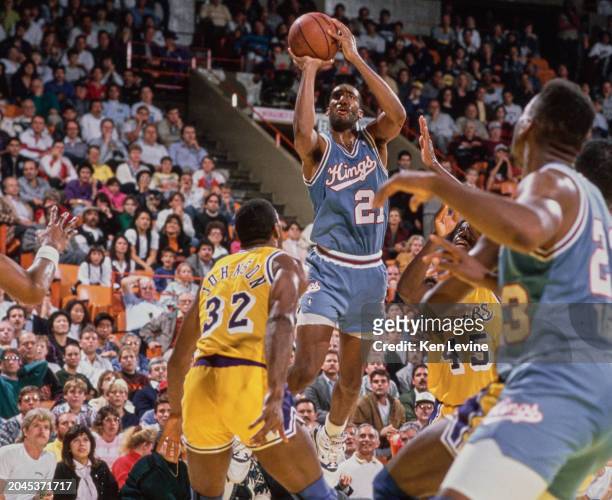 Harold Pressley, Power Forward and Small Forward for the Sacramento Kings attempts a three pointer jump shot during the NBA Pacific Division...
