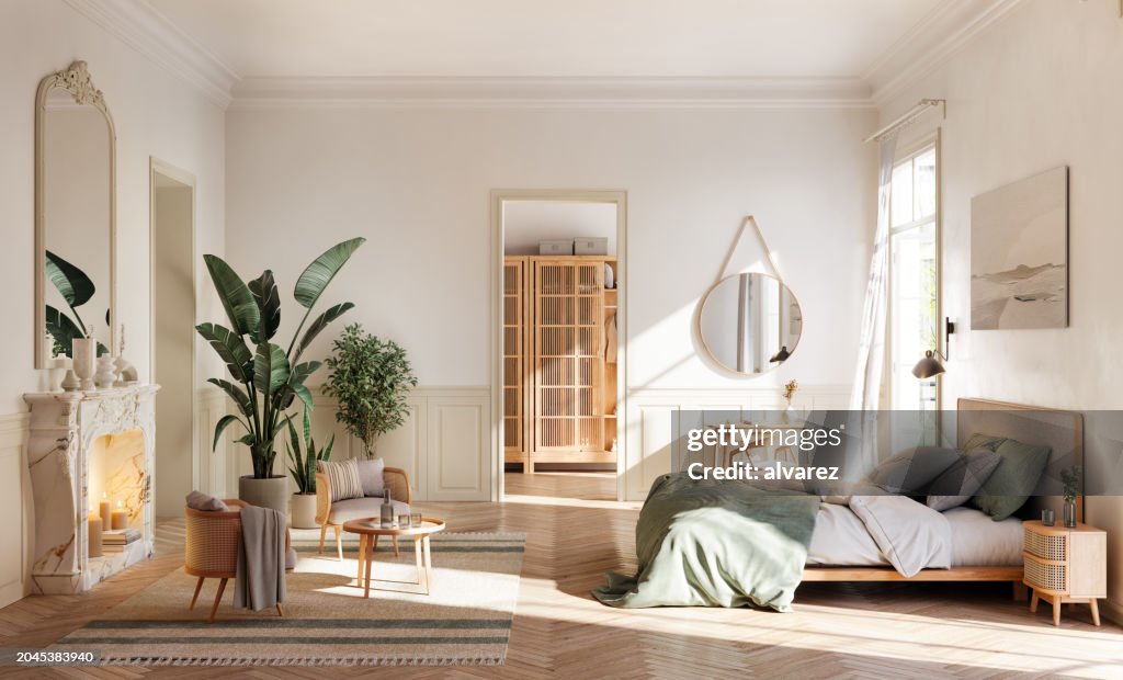 Digital render of Bright and Airy Parisian Bedroom