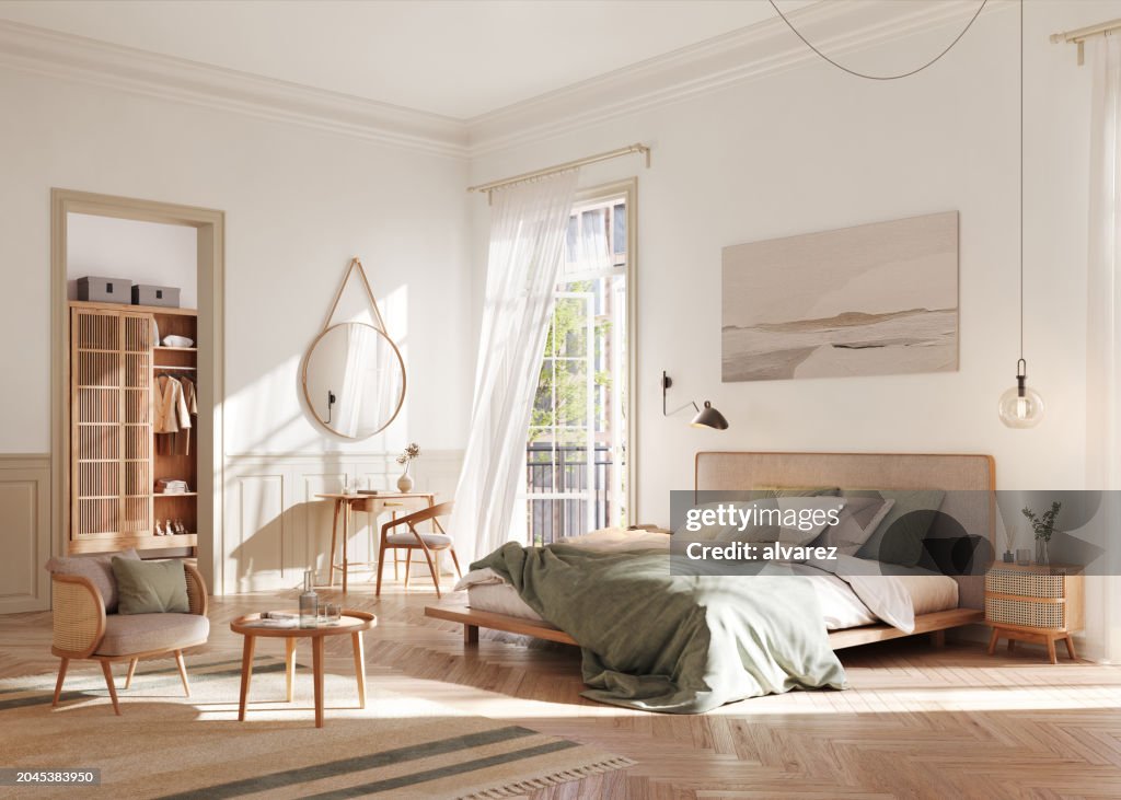 Digital render of a Serene Bedroom Oasis with Natural Light