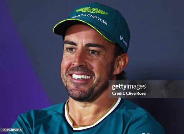 Fernando Alonso of Spain and Aston Martin F1 Team reacts in the Drivers Press Conference during previews ahead of the F1 Grand Prix of Bahrain at...